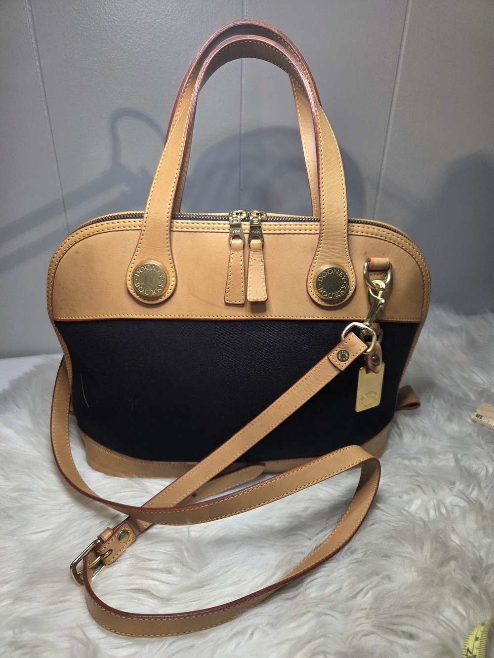 Dooney & Bourke Black Cabriolet Satchel with Tan Leather Trim-Made In USA